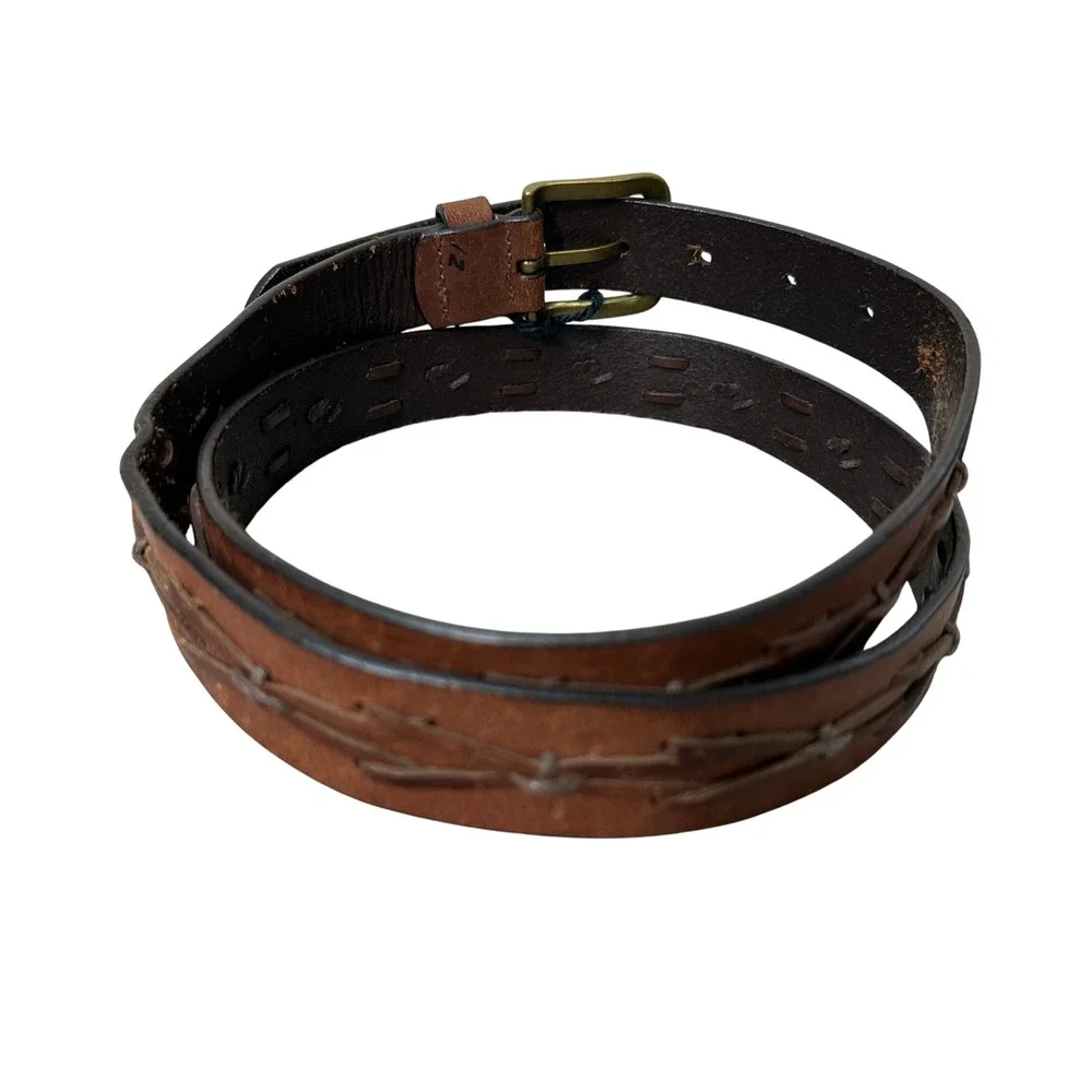Genuine Leather Brown Belt Mens 42 Brass Buckle Textured Casual 1.5 Inch Wide